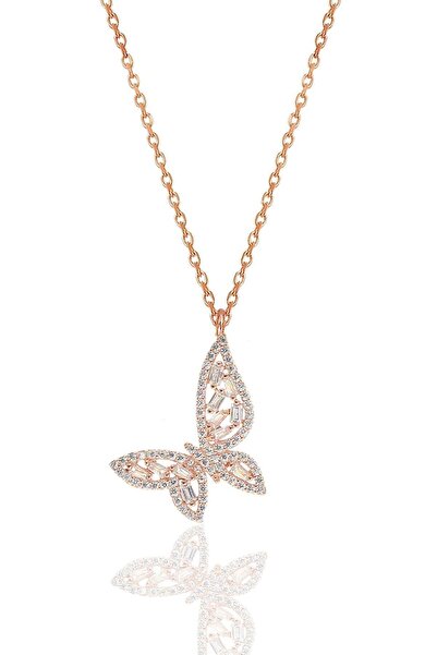 Söğütlü Silver Gümüş Rose Baget Kesim Zirkon Taşlı Kelebek Kolye Sgtl11981rose