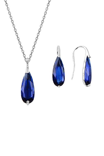 Söğütlü Silver Gümüş rodyumlu lacivert taşlı damla kolye ve küpe ikili gümüş set