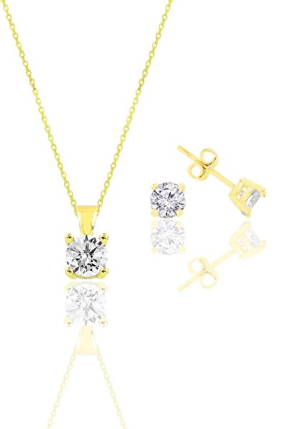 Söğütlü Silver Gümüş altın yaldızlı tek taş kolye ve küpe gümüş set SGTL10592...