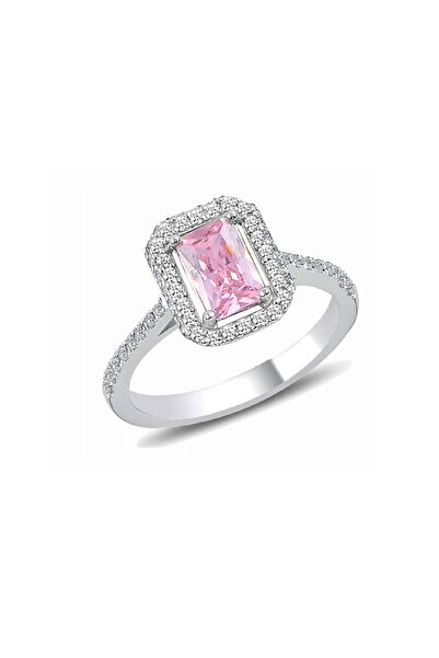 Söğütlü Silver Gümüş Rodyumlu Pırlanta Montürlü Pembe Baget Taşlı Yüzük Sgtl1...