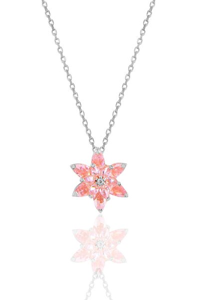 Söğütlü Silver Gümüş Rodyumlu Taşlı Nilüfer Lotus Çiçeği Kolye Sgtl10387pembe