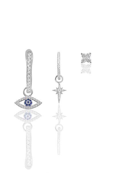 Söğütlü Silver Gümüş Rodyumlu Zirkon Taşlı Kombin Üçlü Küpe Seti Sgtl11648rodaj