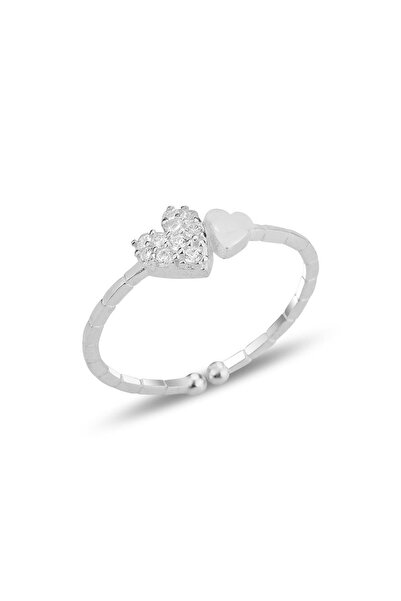 Söğütlü Silver Gümüş rodyumlu zirkon taşlı alttan ayarlanabilir bitişik kalpl...