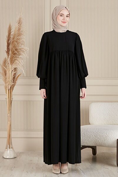 fistan Büzgü Robadan Önü Düğmeli Viskon Kumaş Tessetür Giyim Anne Elbisesi Na...