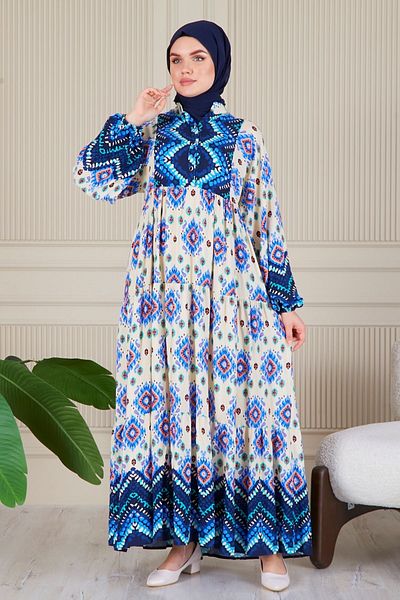 fistan Καλοκαιρινό φόρεμα Hijab - Alaçatı, μοτίβο σάλι και μοτίβο νερού