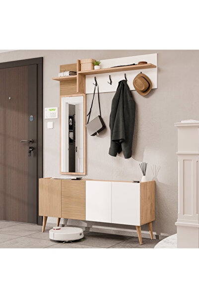 Mezza 5060 THEO 4 KAPAKLI 6 RAFLI 4 ASKILI SOL AYNALI PORTMANTO SEPET BEYAZ Y...