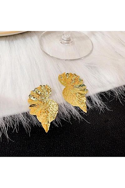MEECY Gold Colored Big Leaf Earrings