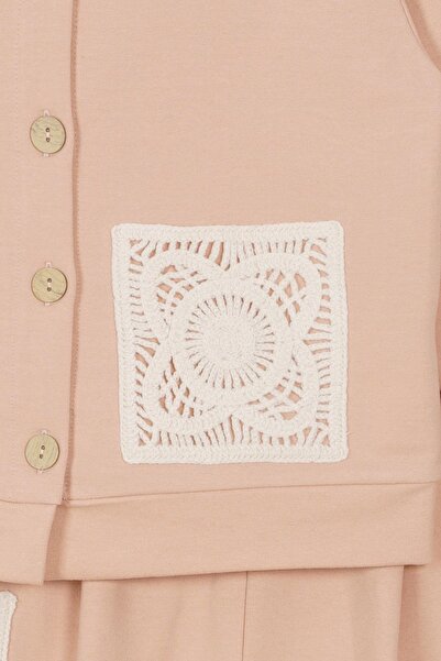 zepkids Crew Neck Long Sleeve Lace Pocket Detailed Beige Color Girl's Two-Piece Set