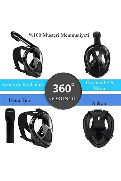 Reidan Lxl Beden Siyah Dalış Maskesi Tam Yüz Full Face Şnorkel Anti Sızıntı Ekipmanları 360 Görüntü Slikon