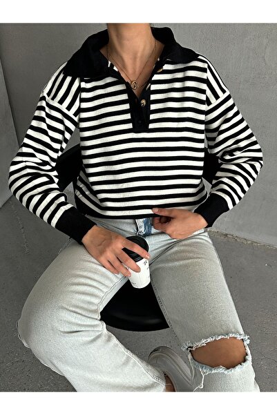 BEJNA Pulover de tricotaj cu dungi negre cu gât polo - cu nasturi