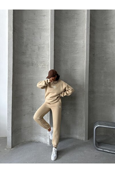 Cappmoda Tkm-03626 Mink Do Not over Think It Embossed Letter Printed Crew Neck Sweatshirt Jogger Three Thread