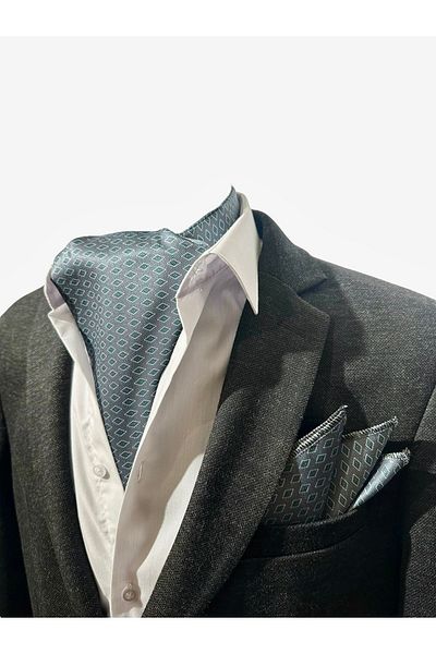 TMFASHİON Geometric Patterned Men's Ascot - Lace-up Neck Cover, Pocket Handkerchief Set