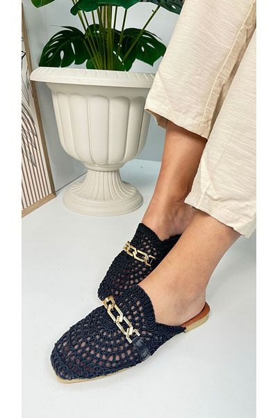 Nstil Black Lace Knitted - Comfortable Lightweight Women's Slippers with Chain and Closed Heels 273