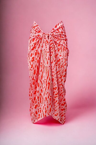 pistore Pink Red Geometric Patterned Long Pareo Satin No Sheer Women's Beach Dress New Season