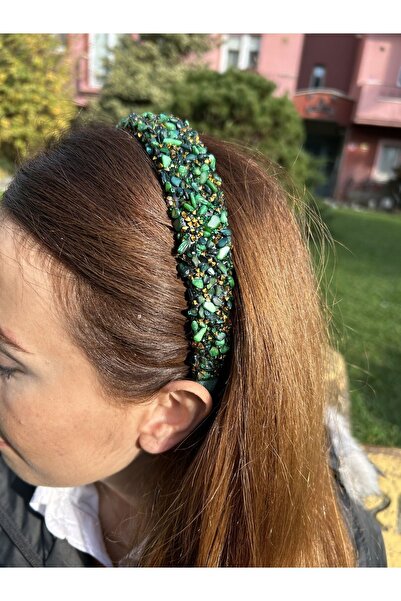 ByMerve Bym210 Yılbaşı Hediyesi Şık Tasarım Doğal Taş Yeşil Gold Kadın Saç Tacı