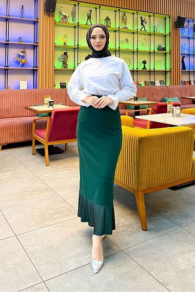 HMT ZEHRA GİYİM Hijab Length(99 CM) Pencil Ruffle Πλισέ φούστα Σμαραγδένια Πράσινη (38-48 ΜΕΓΕΘΗ) 8 διαφορετικά χρώματα
