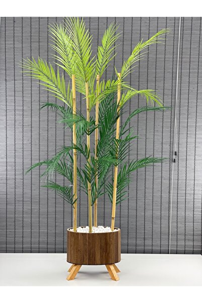 Bahçem Ahşap Saksılı Ayaklı Elips Model Yapay Yapraklı Dekoratif Areka Palmiye Ağacı 140cm 4 Gövde