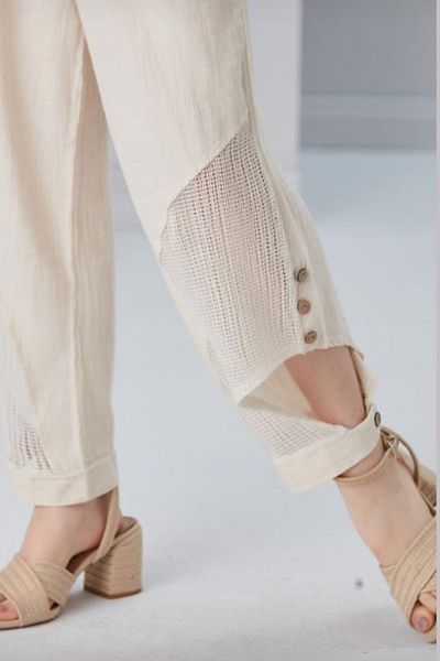AYASOFYA OTANTIK Women's Beige Mesh and Button Detailed Linen Trousers