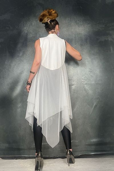 Quincey Asymmetric Cut White Tulle Scuba Vest Tunic