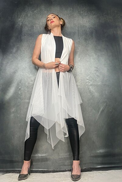 Quincey Asymmetric Cut White Tulle Scuba Vest Tunic