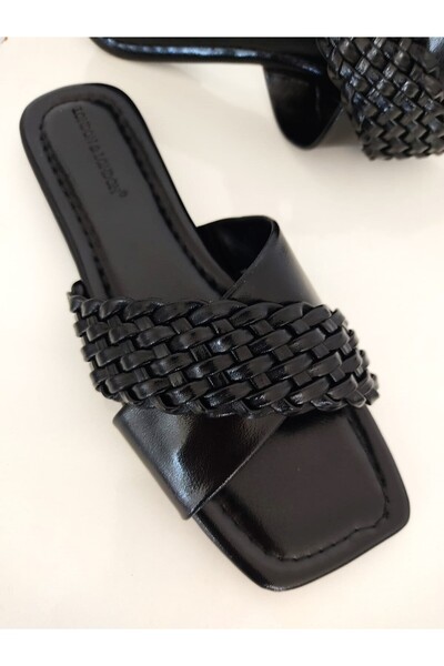 L&L Papuci de zi cu zi din piele lăcuită pentru femei - vârf tocit, design încrucișat fără toc