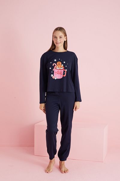 Siyah İnci New Year's Themed Navy Blue Printed Cotton Pajama Set - 7787