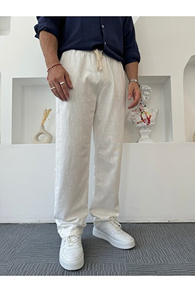UTTBASİC Beyaz GG Baskılı Baggy Keten Pantolon