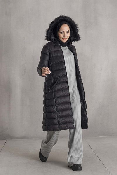 moda ala Puffer Jacket with Hooded Feathers Black