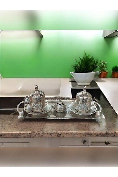 Bakır Center Copper Cup Set for 2 People - Silver Turkish Coffee Coffee Cups
