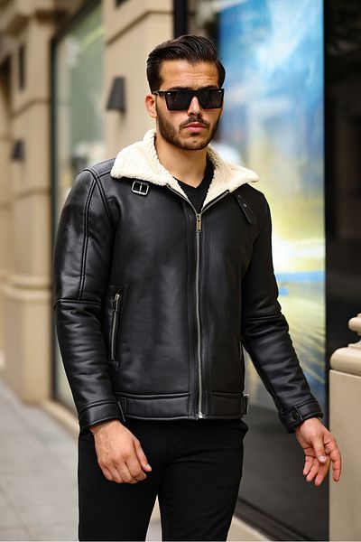 gm giyimarket Ανδρικό δερμάτινο παλτό Napa Slim Fit - Full Fur Detailed & Jacket