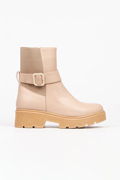 Limeo Nut Toka Detaylı Fermuarlı Arkası Streç Deri Görünümlü Günlük Kadın Bot Bootie