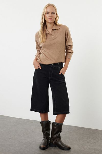 Trendyol Collection Mink More Sustainable - Pulover din tricotaje moi, guler polo, croială largă TWOAW25KZ00308