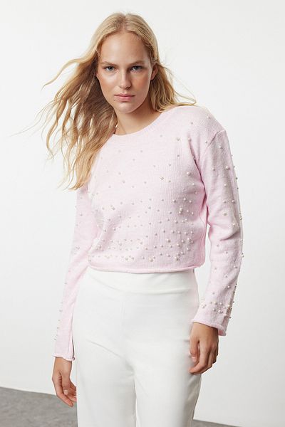 Trendyol Collection Kővel hímzett, puha textúrájú Crop kötöttáru pulóver - TWOAW25KZ00133