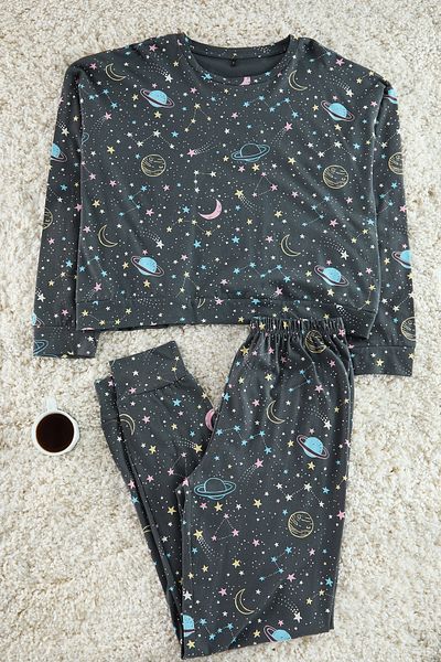 Trendyol Collection Galaxy Patterned Anthracite Knitted Pajama Set - 100% Cotton Thmaw21pt0794