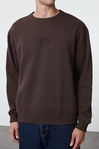 Trendyol Collection Σκούρο καφέ ανάγλυφο φούτερ με στάμπα Fleece Oversize - TMNAW25SW00053
