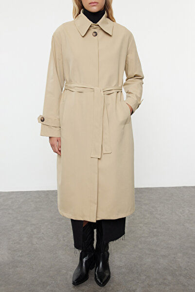 Trendyol Collection Oversize Beige Long Trench Coat - Collar Detailed, Twoaw25Tr00021