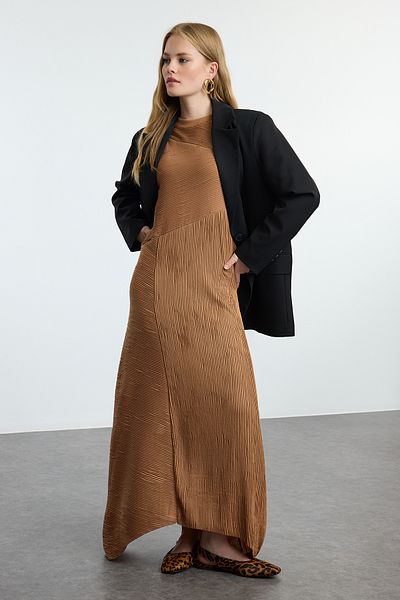 Trendyol Modest Πλεκτό Φόρεμα Camel Color Εσωτερική φόδρα - TCTAW25EB00098