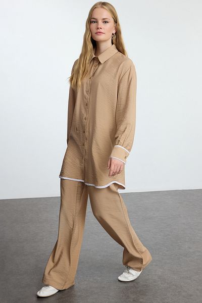 Trendyol Modest Bézs szőtt felső és alsó készlet - Tctss24us00088 csővezetékekkel