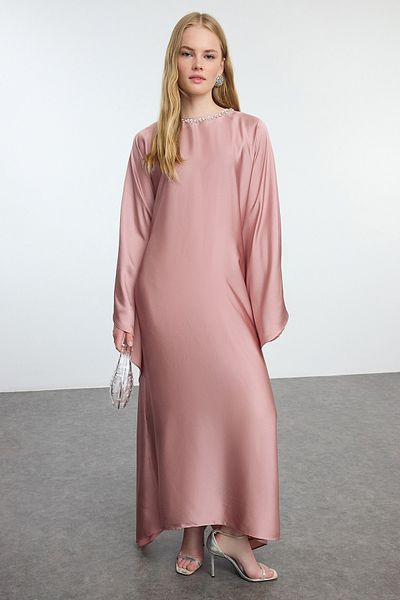 Trendyol Modest Abendkleid aus Satingewebe mit getrockneten Rosen - Tctaw25Db00007 mit Stein-Accessoires