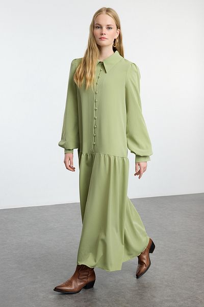 Trendyol Modest Χακί φούστα με βολάν με κουμπιά υφαντό φόρεμα TCTAW25EB00103
