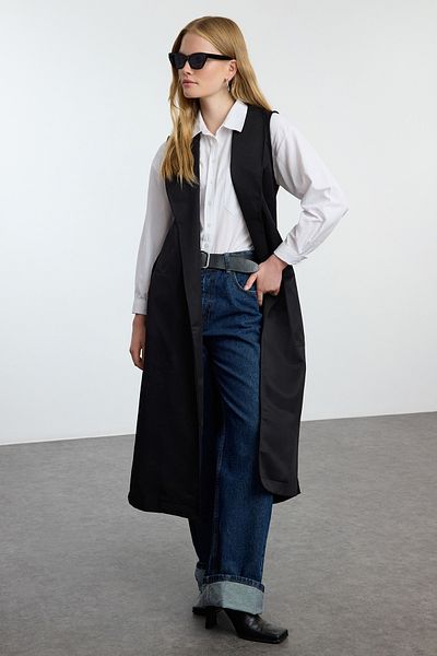 Trendyol Modest Μακρύ μαύρο σάλι γιακά γιλέκο - TCTAW25YL00003