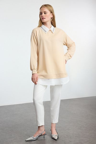Trendyol Modest Gestrickte beige Tunika - Hemddetail, TCTAW25UK00006