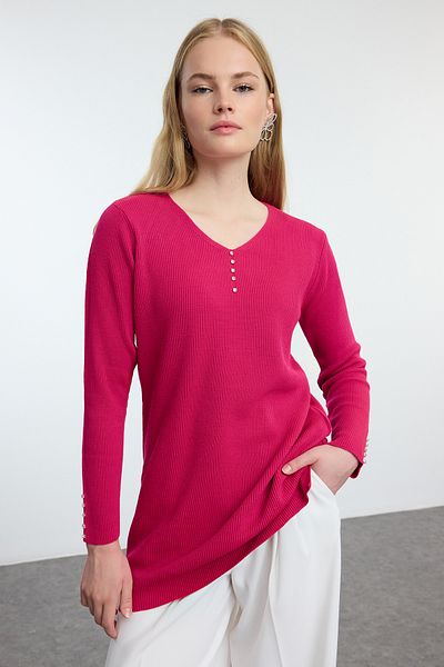Trendyol Modest Πλεκτό πουλόβερ με φούξια πέτρα με λεπτομέρεια - TCTAW25AK00055