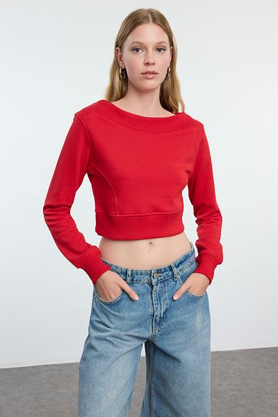 Trendyol Collection Red Crop knitted SWeatshirt - Boat Neck, Regular Fit TWOAW25sw00036