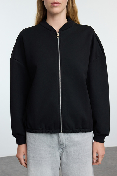 Trendyol Collection Oversize černá pletená mikina – na zip, široký střih TWOAW25SW00072