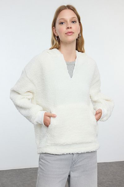 Trendyol Collection Oversize plyšová pletená mikina – s kapucí, na zip, Ecru TWOAW25sw00096