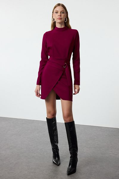 Trendyol Collection Rochie mini țesătă cu guler vertical în linie A cu centură mov TWOAW24EL00701