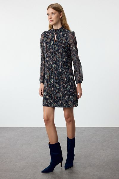 Trendyol Collection Μίνι χειμωνιάτικο φόρεμα - Ναυτικό στάμπα σάλι, ίσια εφαρμογή, φόδρα - TWOAW25EL00524