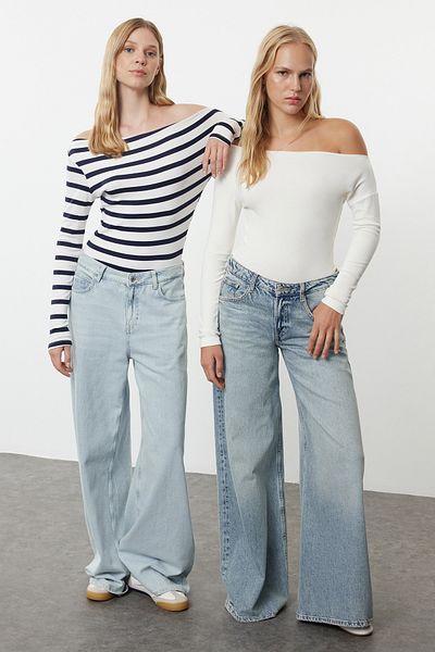 Trendyol Collection Navy Blue Striped Knitted Blouse with Stretchy Soft Fabric - TWOAW25BZ00063