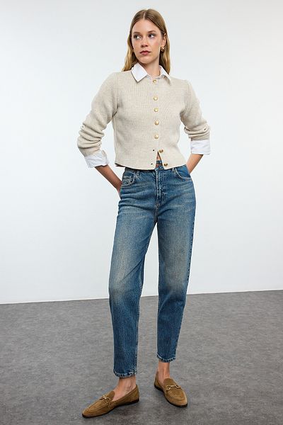 Trendyol Collection Magas derekú Vintage Slim Mom farmernadrág - sötétkék halvány hatású TWOAW25JE00156